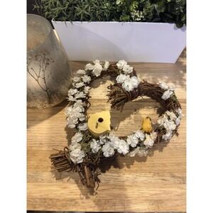 Wreath Twig Heart w/ Flowers bird Birdhouse Vintage Boho Cottagecore Wall Decor